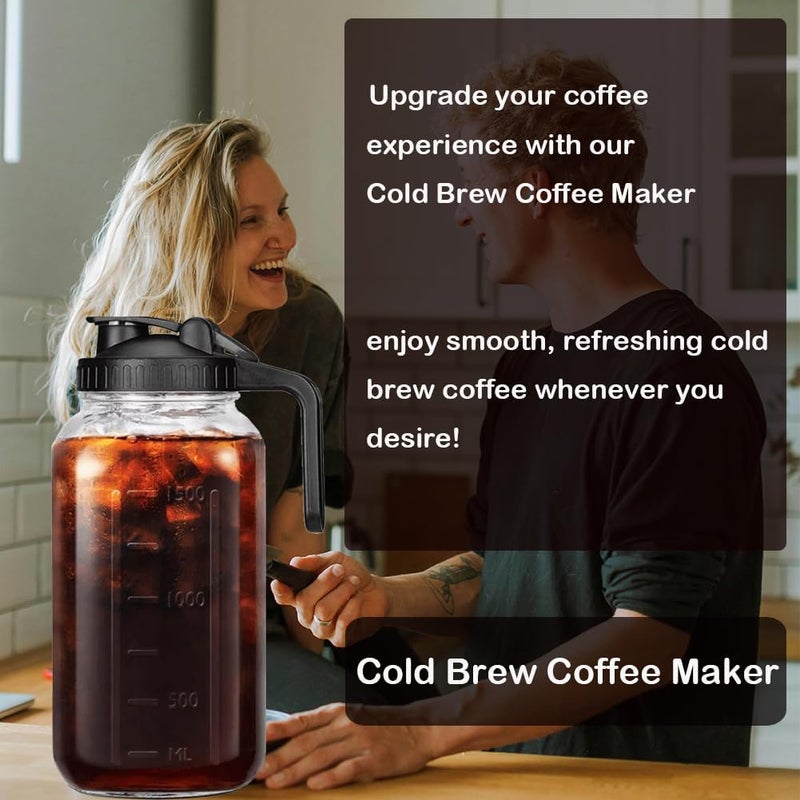 HomeCheer 2 Set 64 oz (2 Quart), Black Cold Brew Coffee Maker, Iced Tea Machines, Thick Glass with Pour Spout Handle Lid, Stainless Steel Filter for Iced Coffee, Fruit Drinks or Sun Tea (2) - Image 4